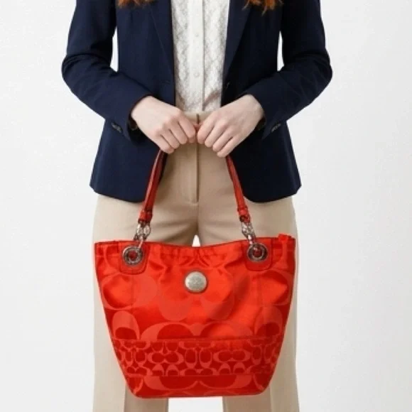 Coach Crimson Orange Signature Nylon ToteBag Leather Trim/Hangtag + Dust Bag 12” - Picture 2 of 16